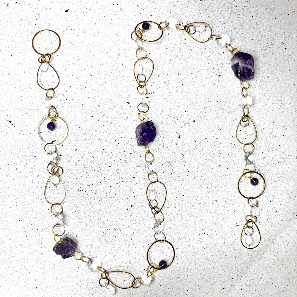 Amethyst Gemstone Wall Hanging, Gold Teardrop Protection & Healing  36.5 Inches
